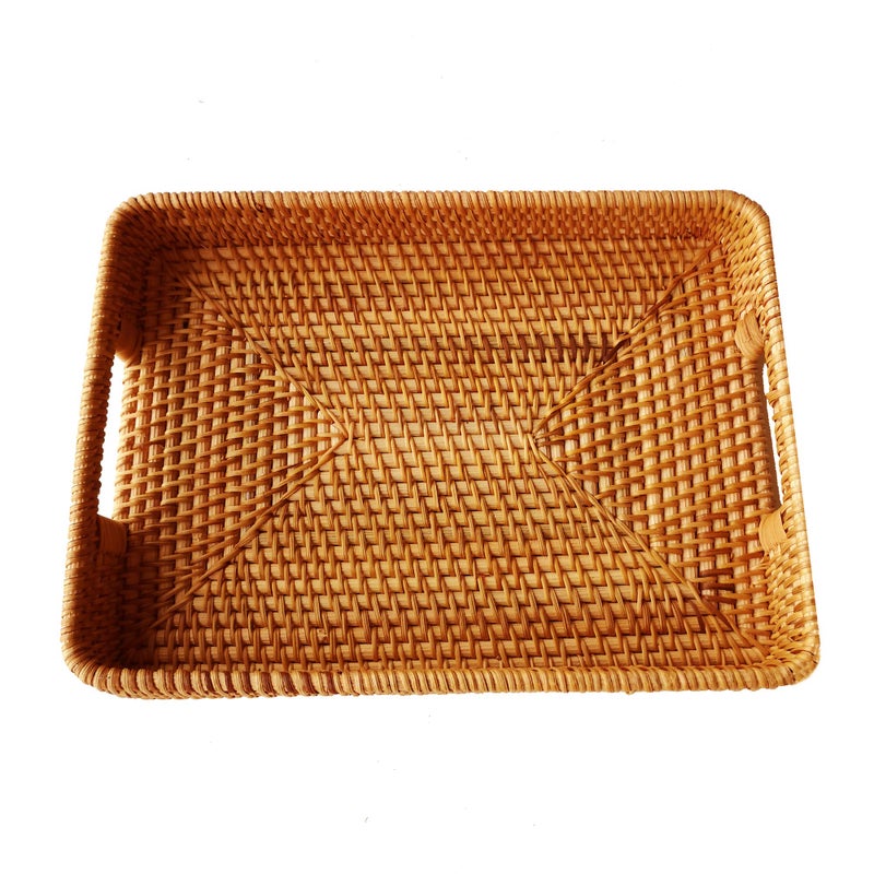 i-lan 13 Inch Handcrafted Serving Tray Rectangle Rattan Display Tray Plates with Cutout Handles and 2" Wall,Wicker Ottoman Coffee Table Decor Basket Tray Organizer Platter for Snack, Candy, Fruit,S - Image 5